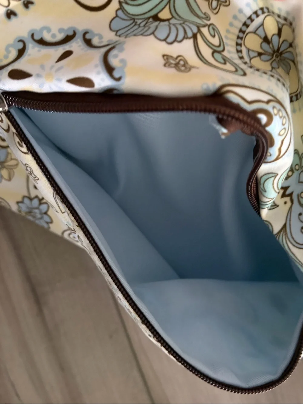 Cream Paisley Baby Crossbody Diaper Bag with Pale Blue Accents